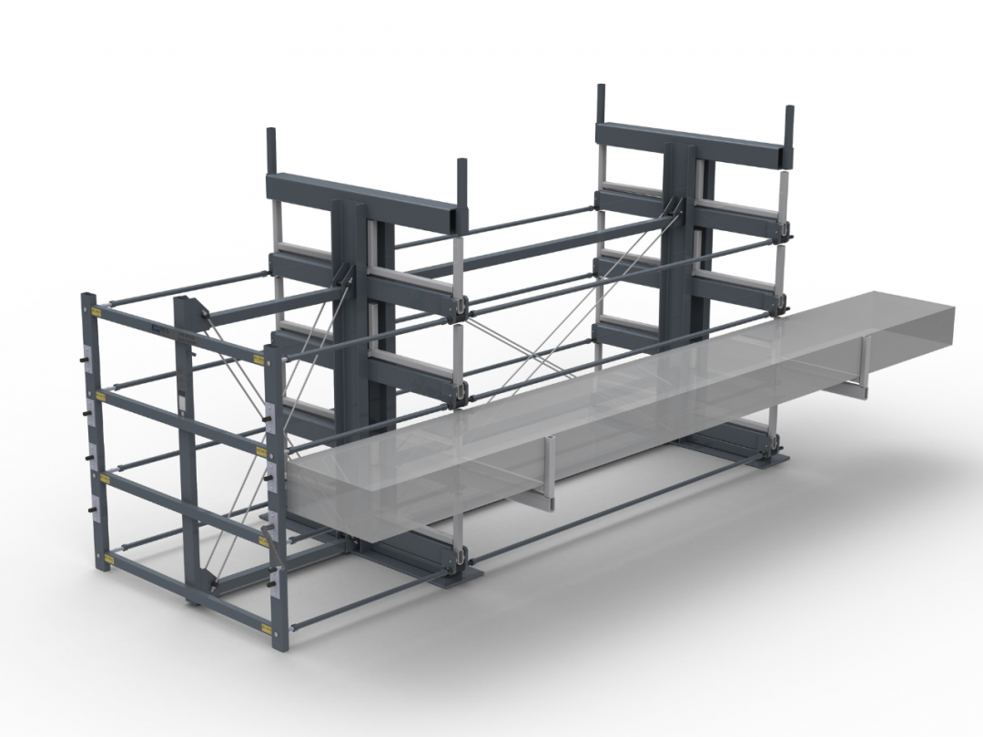 Roll-aus-Regal JUMBO doppelseitig - Ausrollbares Langgutregal mit Schubladen auf beiden Seiten für freistehende Aufstellung - Bonnema Lagertechnik