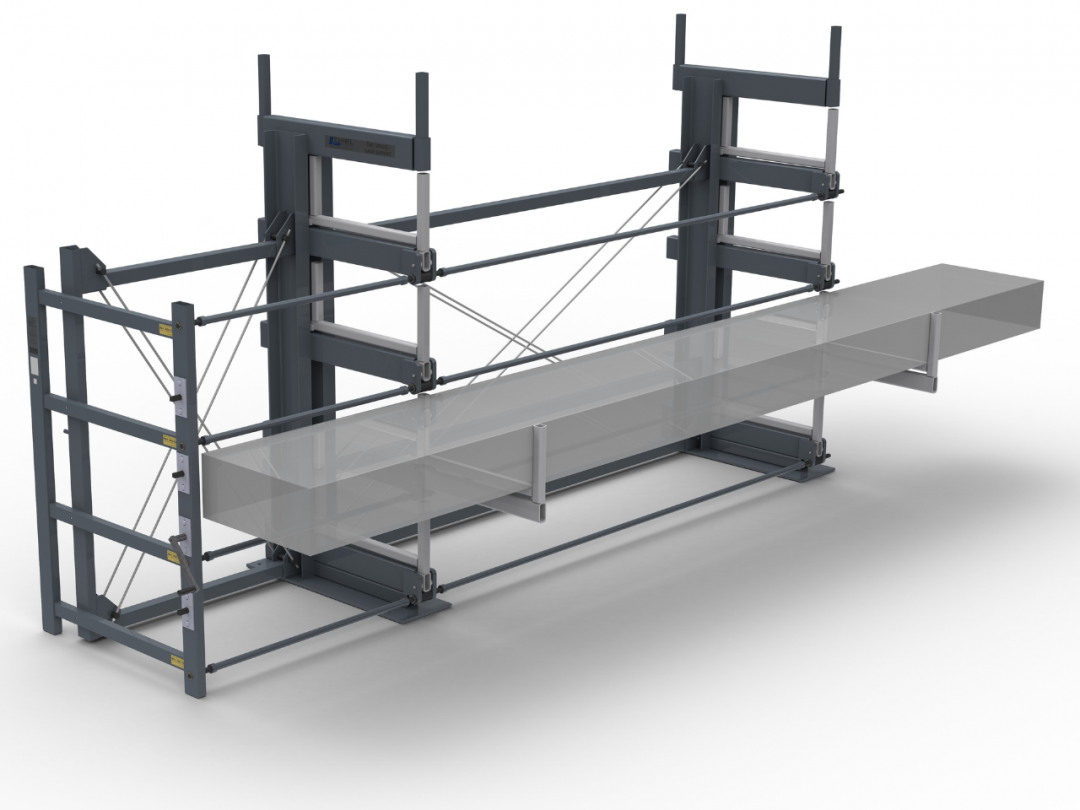 Roll-aus-Regal MINI-JUMBO einseitig - Ausrollbares Langgutregal mit einer Schubladenseite für Wandaufstellung - Bonnema Lagertechnik